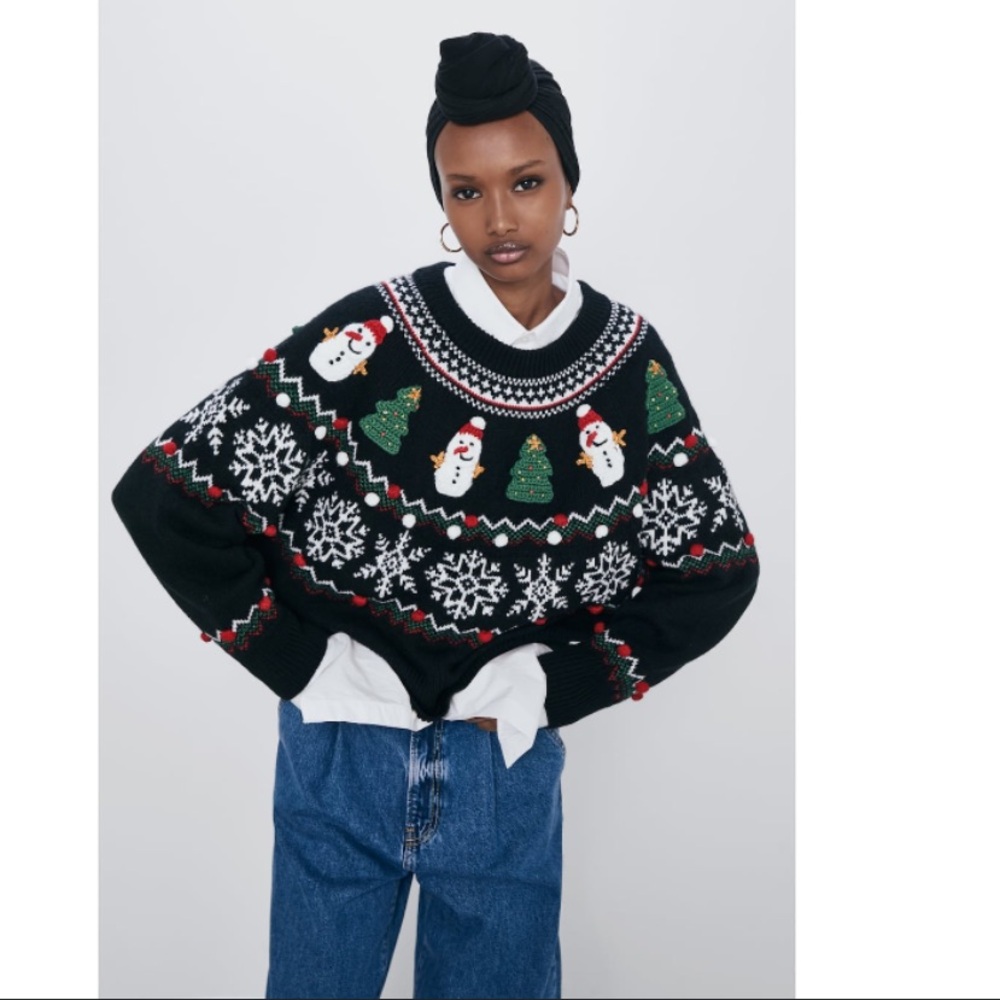Zara Christmas Snowman Tree Knit Sweater Pullover Holiday Sweater Size Small - Picture 2 of 6